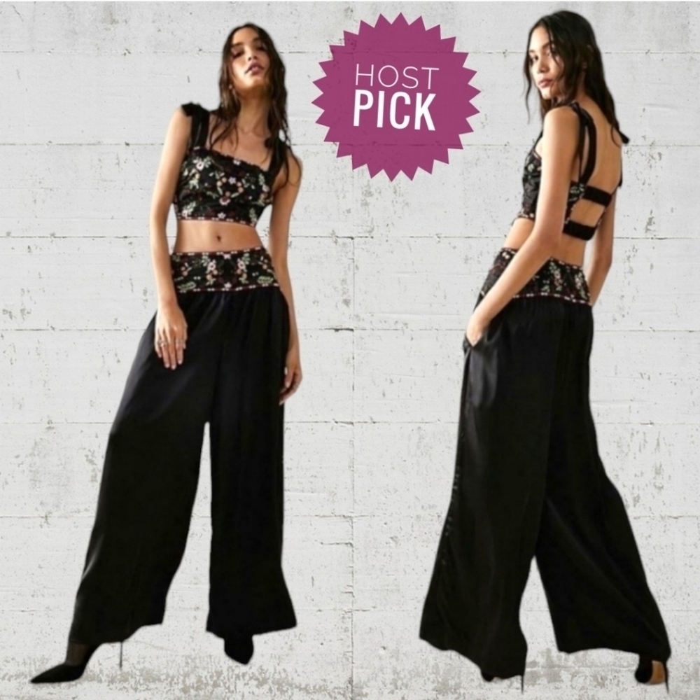 Free People Ensemble Petra Black Satin Pant Crop Top Set Embroidered Size 8